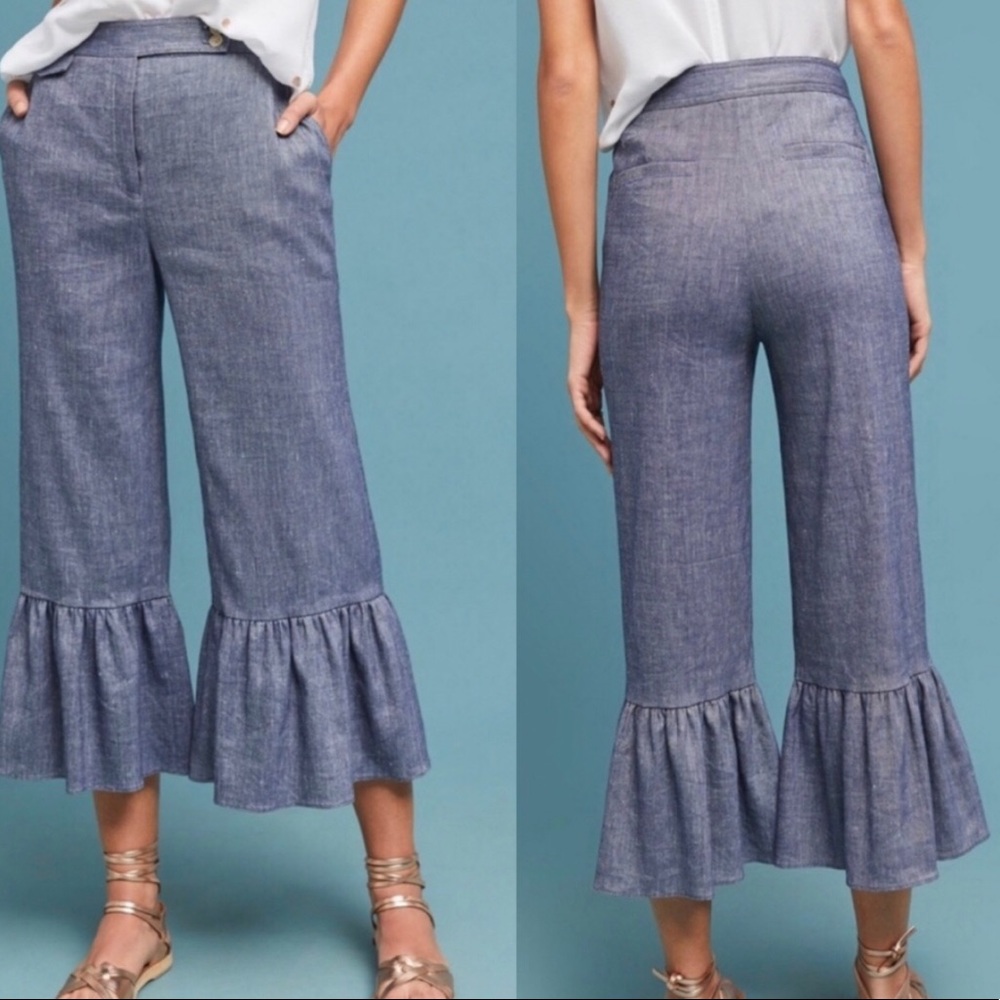 Anthro chambray ruffle pants